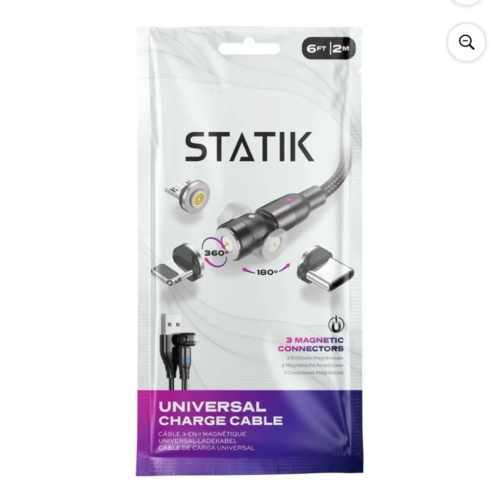 STATIK 360 Universal Charge Cable 3 Rotating Magnetic Connectors 6' PUP-0386 BLK